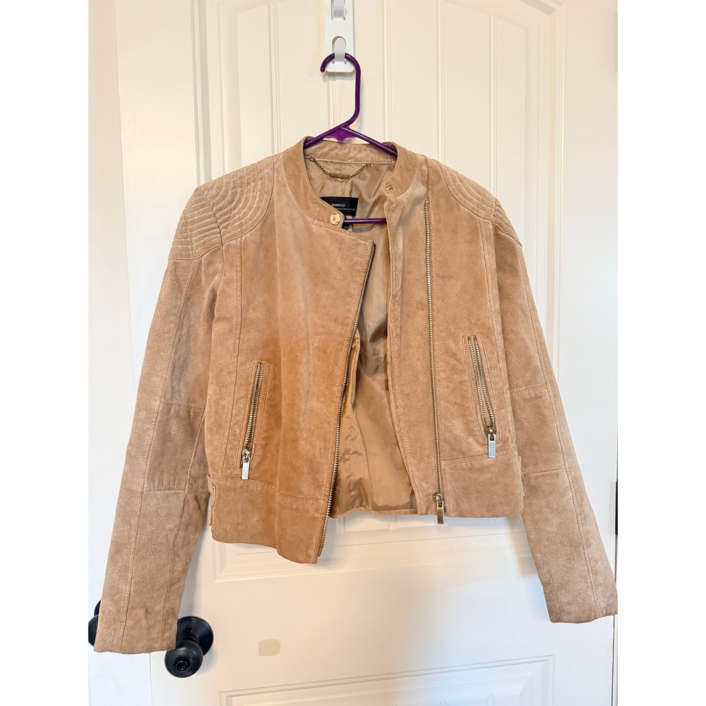 Mango Tan Suede Leather Moto Biker Jacket Quilted Shoulder‎ XS Small